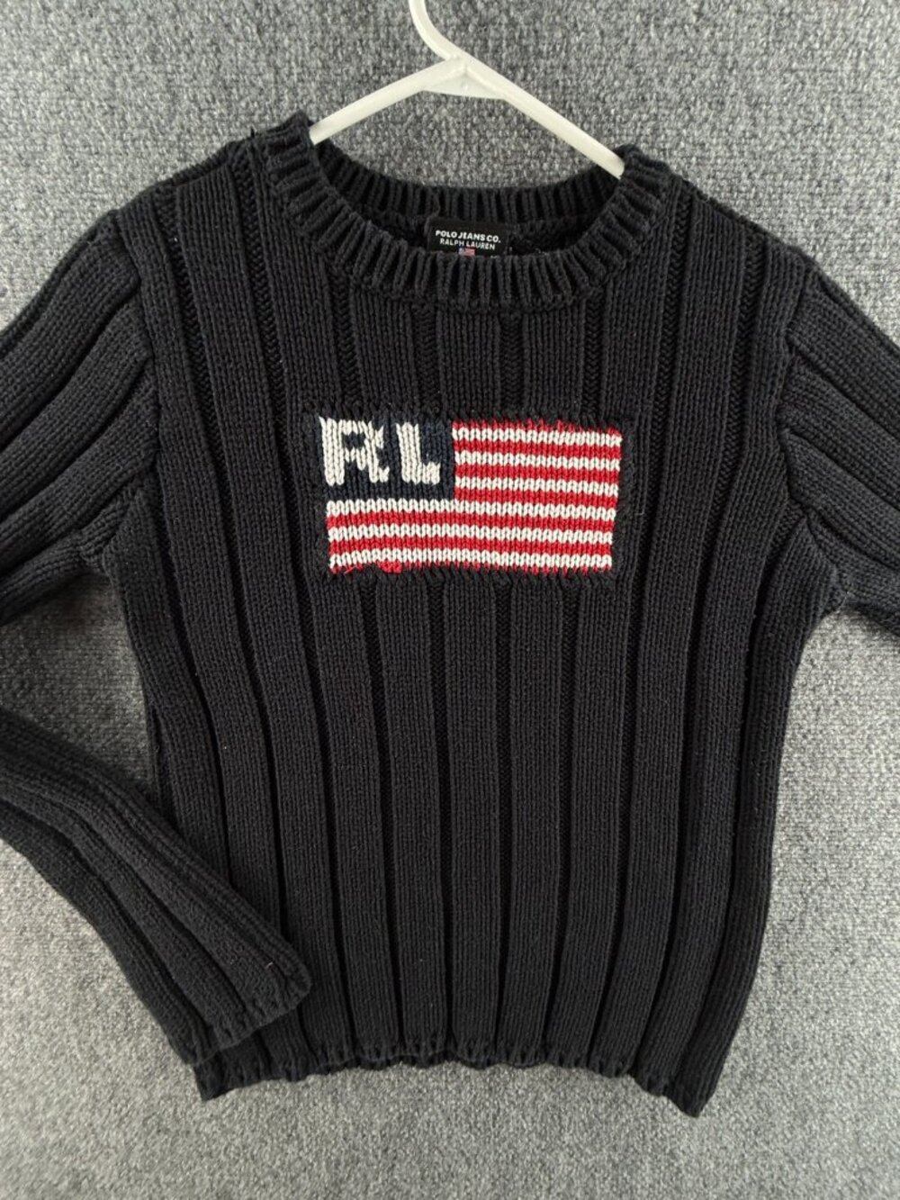 Ralph Lauren Polo Jeans Women Flag Sweater Medium Black Ribbed RL Cotton Adult